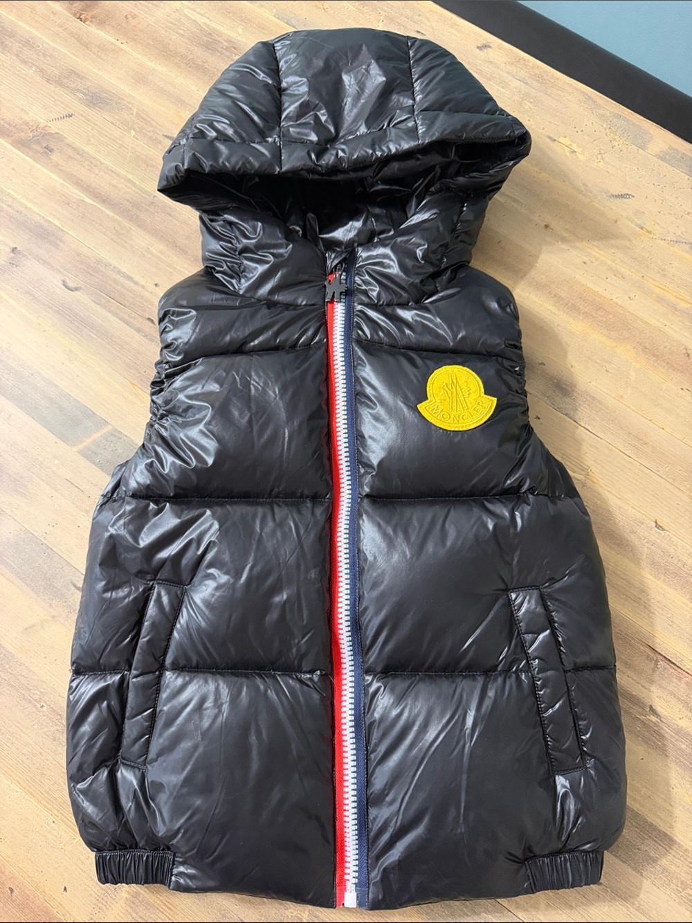 Moncler Kids Black Hooded Puffer Vest with Yellow Patch